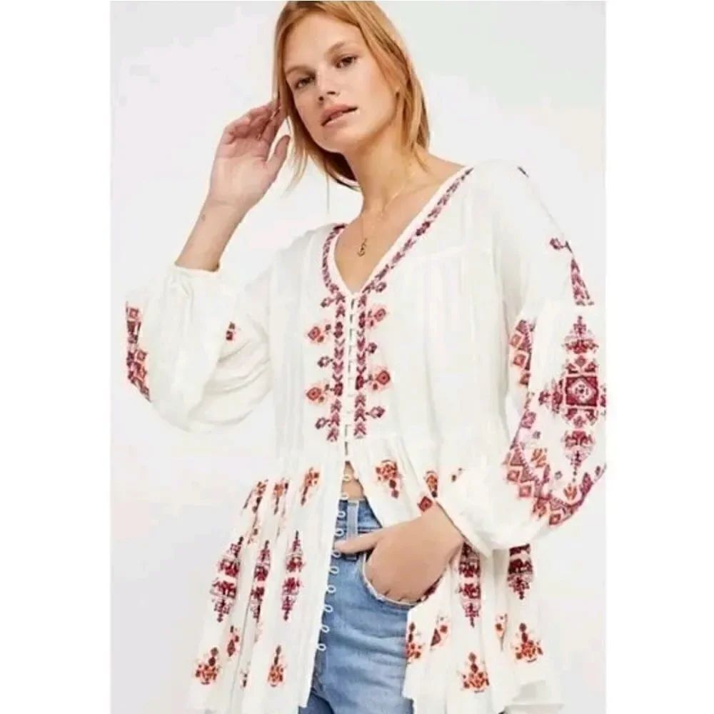 Free People Arianna White Red Embroidered Bohemian Tunic Mini Dress S - Picture 2 of 15